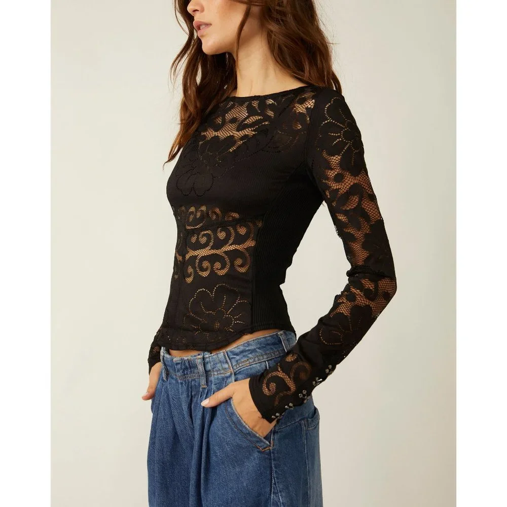 FREE PEOPLE Wild Roses Top / Black - Picture 2 of 6